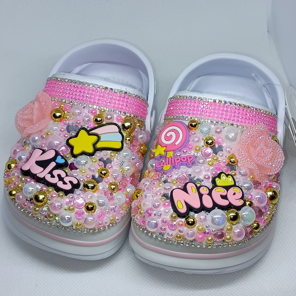 Koala Kids Pink and White Beaded Slippers